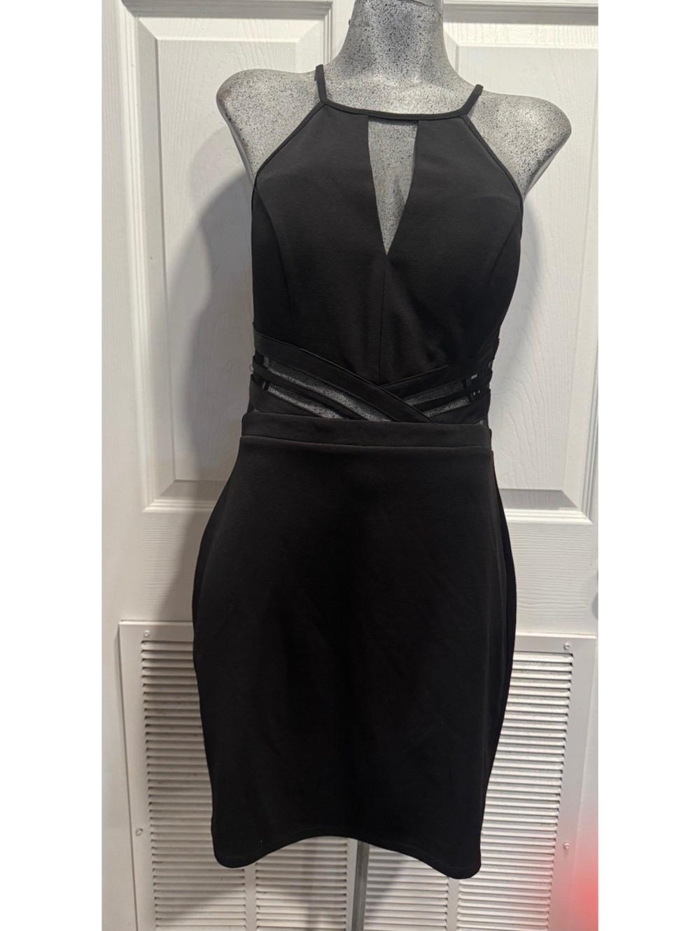 Jodi Kristopher black bodycon mini dress with halter neck, size 13